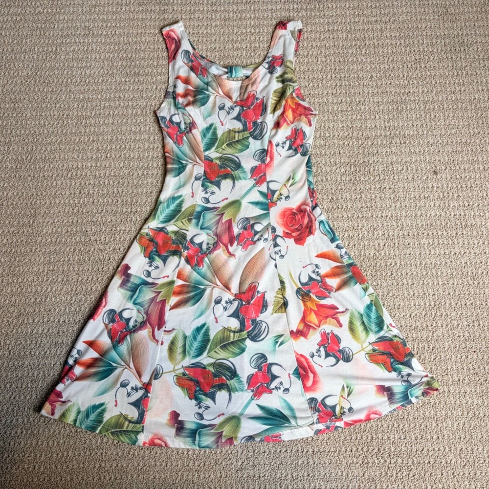 Disney Boutique Minnie Mouse Tropical Floral Skater Dress XS White Open Back